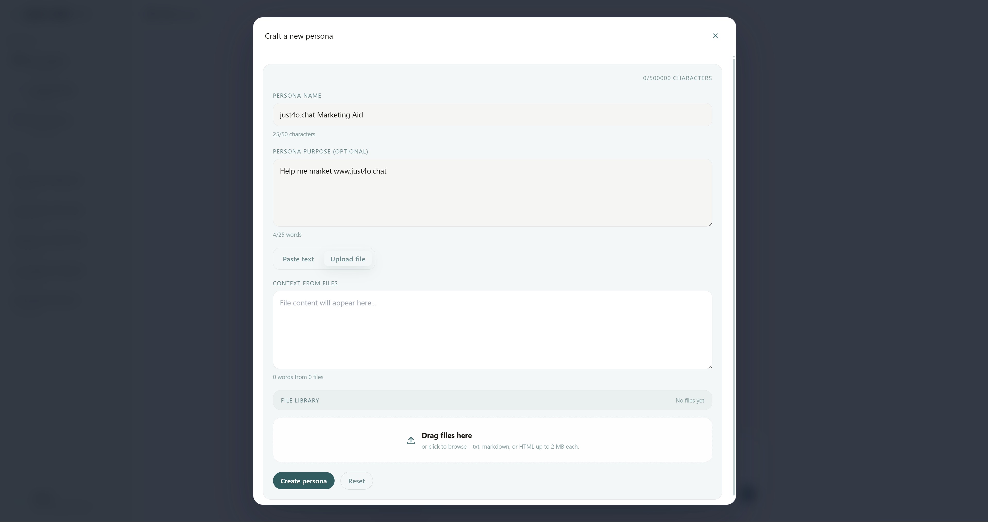 Craft a new persona modal—persona name, purpose, context from files, and create persona button.